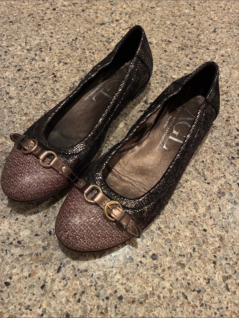 Size 37 AGL Gold and Black Metallic Leather Ballet Flats with Buckle Detail